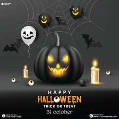 Dark Halloween background design with scary pumpkins and haunted elements. Creepy Halloween Illustration with Jack-o’-Lantern, ghosts, and horror night them. Halloween banner design vector. 