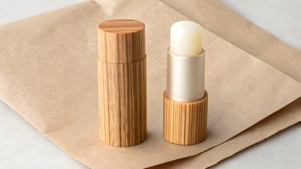 Vegan Lip Butter Stick Mockup in Twist-Up Case with Wooden Style Cap, Minimalist Blank Cosmetic Packaging Displayed on Recycled Kraft Paper for Natural Eco-Friendly Branding