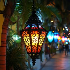 Colorful hanging lantern at night.  Palm trees.  Blurred lights