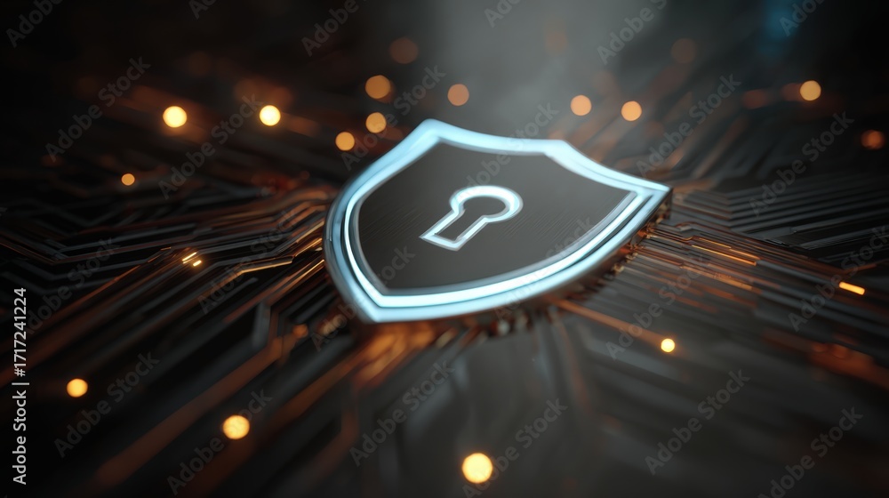 Poster digital security shield with lock symbol on technology background with glowing lines