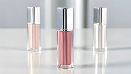 Elegant Luxury Lip Gloss Mockup in Tall Transparent Case with Reflective Silver Cap, High-Shine Cosmetic Packaging Styled Beside Modern Glass Perfume Bottles for Branding Design