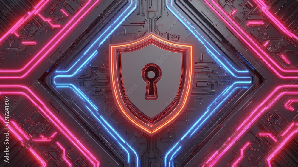 Poster futuristic shield graphic with keyhole and neon circuit design for digital security themes