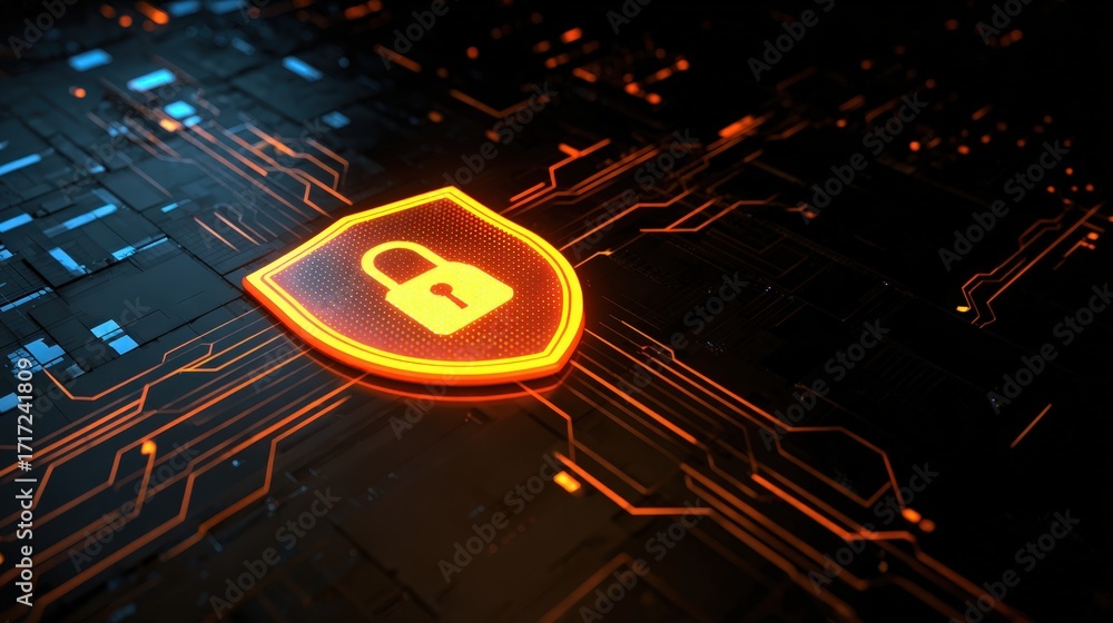 Poster digital lock symbol on circuit board design in abstract technology background