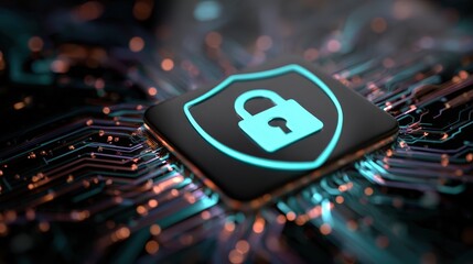 Secure Digital Lock Symbol on a Background of Circuit Board Patterns and Lights
