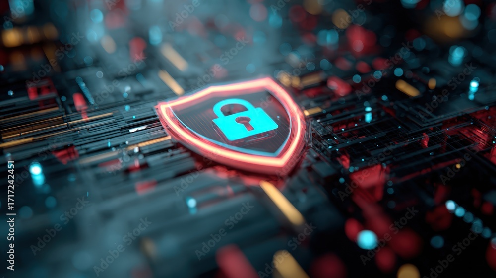 Poster digital shield with lock symbol on abstract background representing cyber security