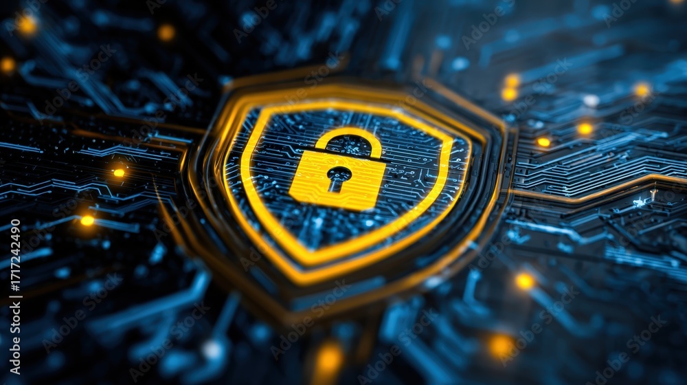 Poster digital security concept with lock shield and circuit board background design