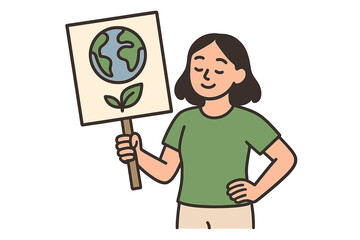 Minimalist activist holding sign for Earth Day. Woman at environmental protest for climate change awareness. Save the planet, go green, eco-friendly concept. Vector cartoon.
