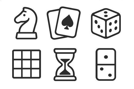 Board game icon set. Minimalist line art collection. Includes chess knight, playing cards, dice, domino, hourglass, and grid. Vector symbols for strategy, gambling, and leisure.