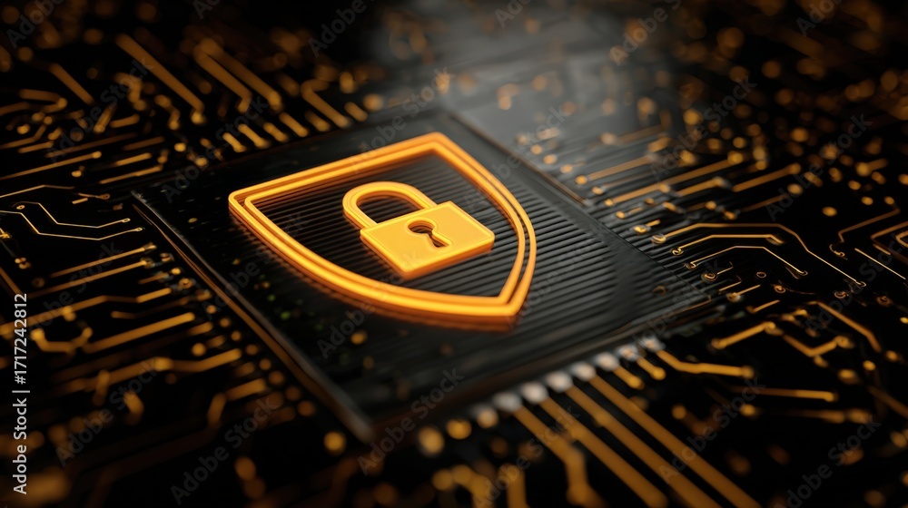 Poster digital security concept with lock symbol on circuit board background in orange and black