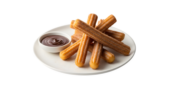 Crispy churros with chocolate sauce isolated on transparent background, a delightful treat perfect for satisfying your sweet cravings any time of the day