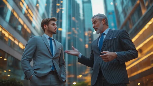 Two businessmen, one younger and one older, are engaged in a serious discussion. The older man gestures as he speaks, while the younger man listens attentively. They stand near tall glass buildings.