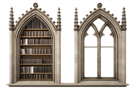 Gothic Archway with Bookshelf and Window on White Background style isolated on a transparent background