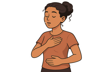 Deep breathing exercise for relaxation. Woman practicing mindfulness for stress relief. Calming technique for anxiety. Diaphragmatic breathing for mental health and wellness.