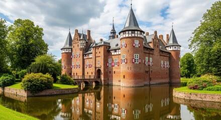 A grand brick castle with multiple pointed towers stands surrounded by a calm moat reflecting its structure Lush green trees and grass frame the scene under a cloudy sky