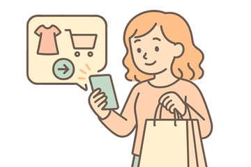 Woman shopping online for clothes on a smartphone. E-commerce concept with a shopping cart and dress icon. Vector cartoon illustration for mobile retail and consumerism.