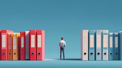 Image depicts person standing between colorful folders, symbolizing impact of organization