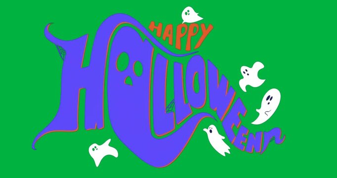 Designer placing Halloween text on transparent background, showing ghost figures and spider webs