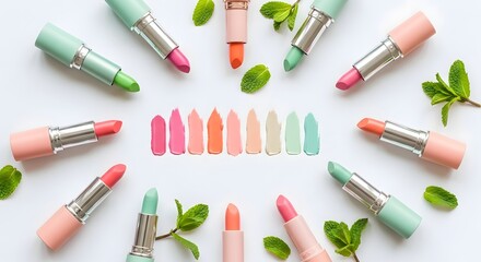 Obraz premium Top view of colorful lipsticks and mint leaves isolated on white background a vibrant assortment of cosmetic shades arranged creatively for beauty and fashion concepts