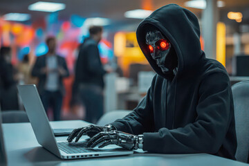 Black AI robot using laptop suspect steal data in office with cyber security risk threat attack
