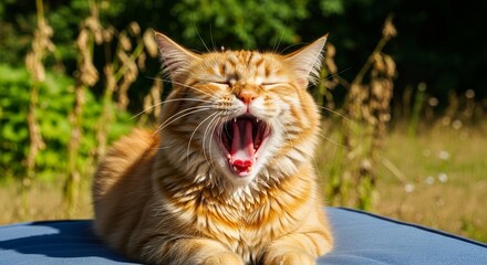 A sleepy fluffy ginger cat yawning widely outdoors.
