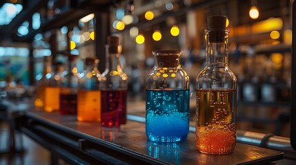 Colorful spirits lined up on a bar counter with bokeh lights in the background