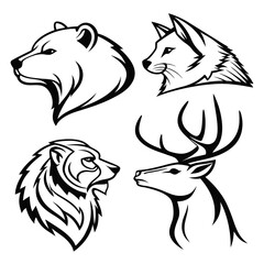 Animal heads lion bear fox deer minimal line art