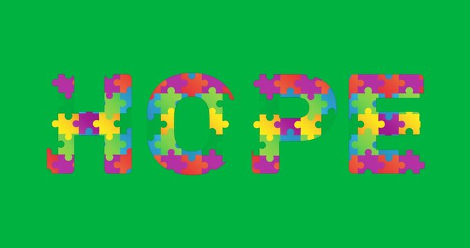 Designers creating graphic design HOPE puzzle on transparent background with vibrant mosaic effect