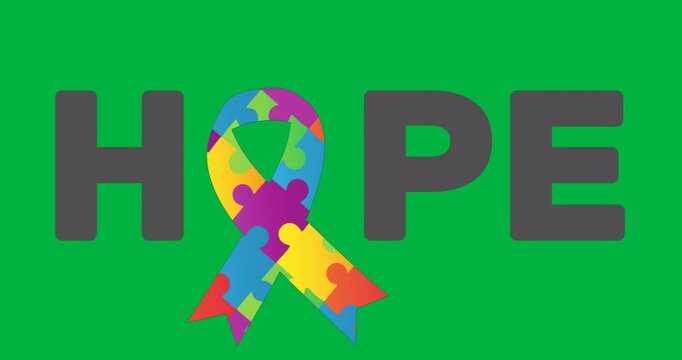 Grey letters merging with colorful puzzle ribbon forming HOPE on transparent backdrop for health
