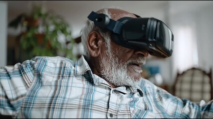 Indian people in VR glasses. VR. AR. MR. Immersive experience. Occupation diversity. Generational usage. Elderly man wearing virtual reality headset at home. - Powered by Adobe
