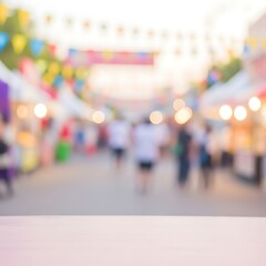Obraz premium A blurred, out-of-focus view of a bustling street fair, showcasing vibrant colors and festive lights, with a clear foreground for product placement.