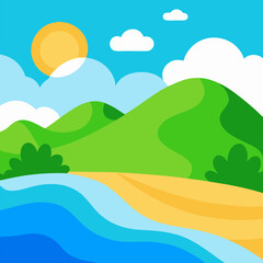 Fototapeta premium Beautiful beach scene with ocean waves and green hills vector natural landscape background.