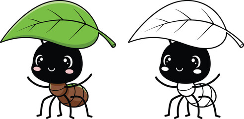 Cute Cartoon Ant Carrying Green Leaf