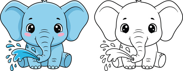 Cute Cartoon Baby Elephant Spraying Water