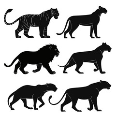 Naklejka premium Black wild cat silhouettes tiger lion panther leopard