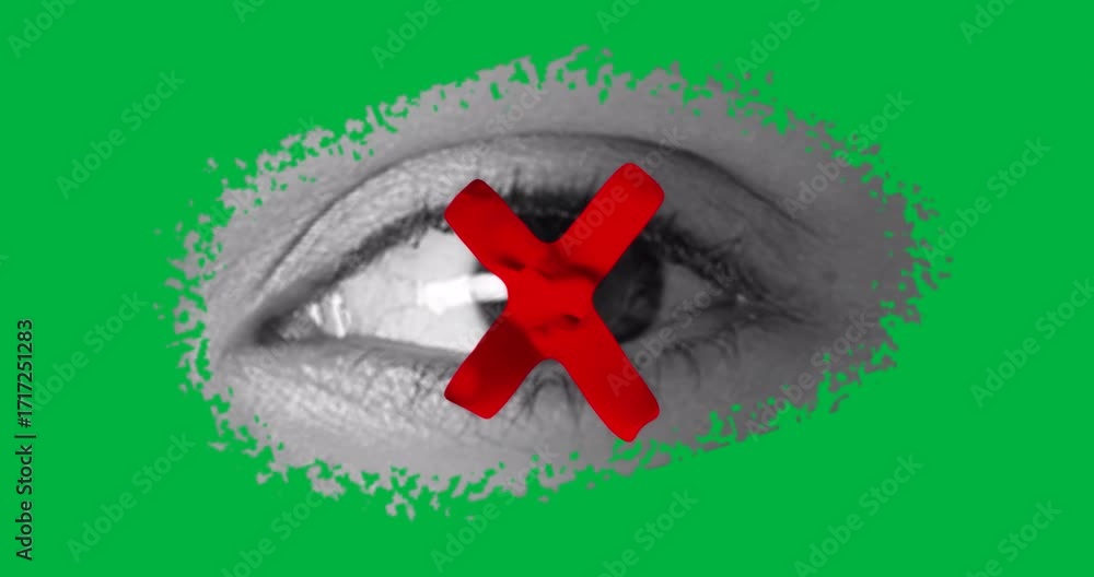 Poster stylized eye shape floating on transparent background, showing bold red 3d x overlay for tech theme