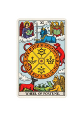 Authentic, vibrant Rider-Waite "The Wheel of Fortune" tarot card (X) with detailed artwork, on black background with copy space, photorealistic, concept of fate