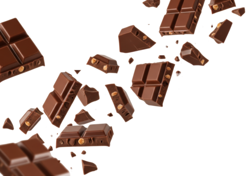 Premium, rich milk chocolate pieces, jagged chunks, shards, and crumbs, dynamically flying against a transparent studio background with soft studio lighting, confectionery advertising concept