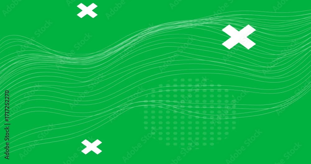 Poster designer viewing transparent technology graphic showing wavy lines dotted circle x shapes