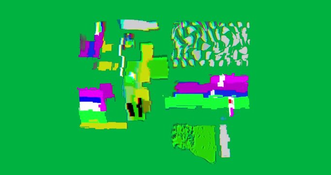 Digital designer creating multicolored glitch blocks and warped shapes on transparent backdrop