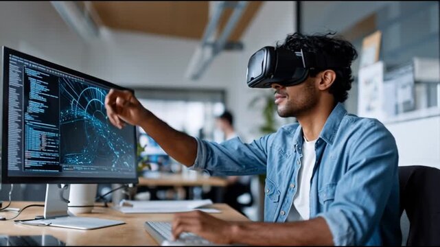Indian people in VR glasses. VR. AR. MR. Immersive experience. Occupation diversity. Generational usage. A person using virtual reality technology at a computer desk.