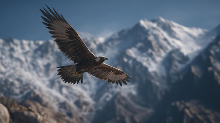 Fototapeta premium A majestic eagle soaring high in the sky against a backdrop of towering, snow-capped mountains. Represents freedom, power, and nature. Epic scale.