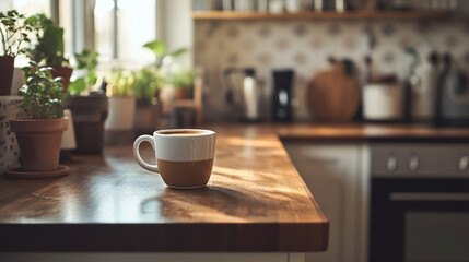 Cozy Black Coffee Cup On Wooden Kitchen Counter In Modern Home Kitchen. Cozy mood perfect for morning routines and cafe-inspired visuals.
