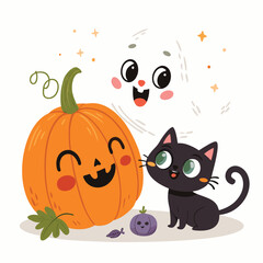 Vector art of a charming halloween scene featuring a smiling pumpkin, a playful black cat, and a friendly ghost, all set against a backdrop of twinkling stars and festive cheer