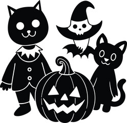 Vector art of a halloweenthemed silhouette featuring a pumpkin, a witch, and two cats, creating a spooky and festive scene perfect for decorations and designs