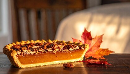 Delicious Homemade Pumpkin Pecan Pie with Autumn Leaf.