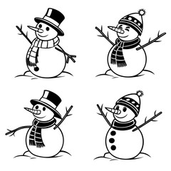 Four black and white snowman illustrations winter holiday