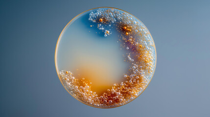 A clean, minimalist shot of a petri dish with a vibrant, glowing organism growing inside. Represents biology, innovation, and scientific breakthrough.