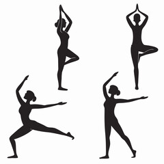 Fototapeta premium Four black yoga pose silhouettes poses women