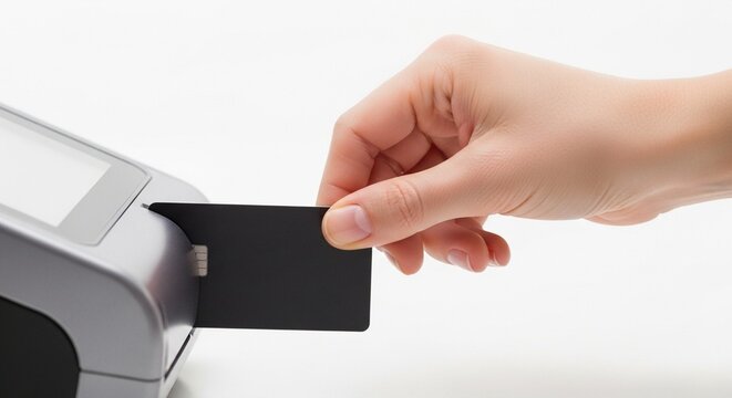 Person making a payment by inserting a card into a terminal.