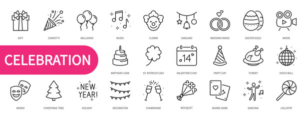 Celebration icon set. Christmas, birthday, wedding, holiday, gift, balloons, music, clown, disco ball, cake, masks, decoration, champagne, bouquet, dancing, etc. Vector illustration. Editable stroke.